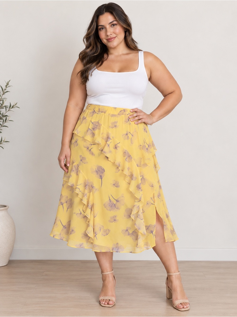 Nicole Miller Yellow Floral Ruffle Midi Skirt size XL